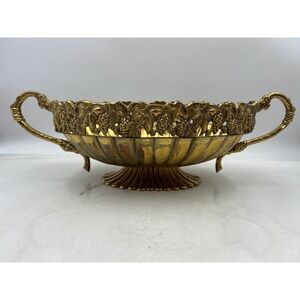 Vintage Brass Footed Bowl Large Ornate Two-Handled Brass Compote Heavy